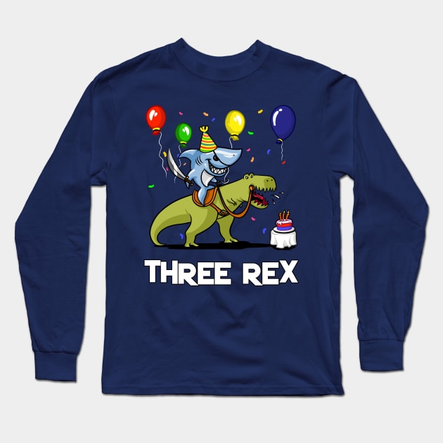 Three Rex Kids 3rd Birthday Shark Riding Dinosaur Long Sleeve T-Shirt by underheaven
